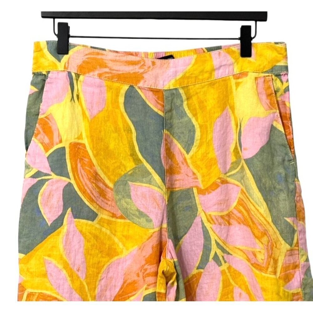 Women's Wide-Leg Printed Linen Pants - Pink & Yellow Leaf Print - Picture 2 of 8